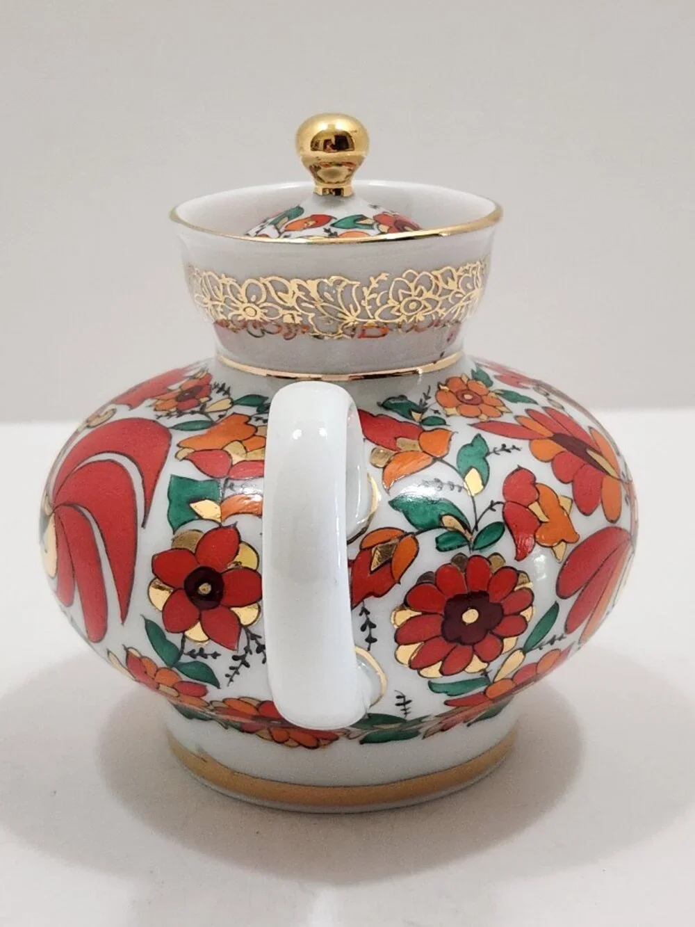 Vintage Lomonosov LFZ USSR Porcelain Red Rooster Teapot Malysh Shape Hand Painte